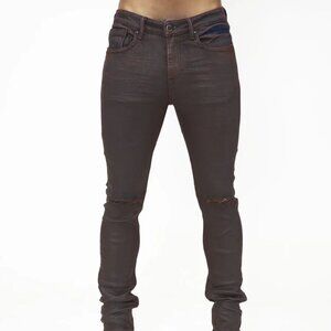 HVMAN Brown Strat Super Skinny Stretch Overspray Coated Distressed Jeans Mens 32